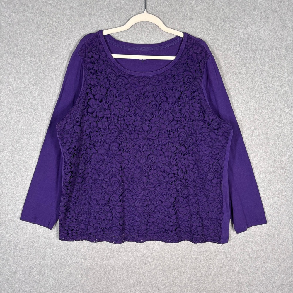 Laura Scott Lace Shirt Blouse Top 1X Purple Cotton Jersey Stretch Basic Everyday